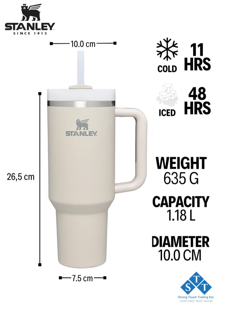 ستانلي كوب Quencher H2.0 FlowState المصنوع من الفولاذ المقاوم للصدأ معزول بالفراغ مع غطاء وقشة للماء والشاي المثلج أو القهوة والعصائر والمزيد (ناعم غير لامع / DUNE) 40 أونصة جديد - Image 4